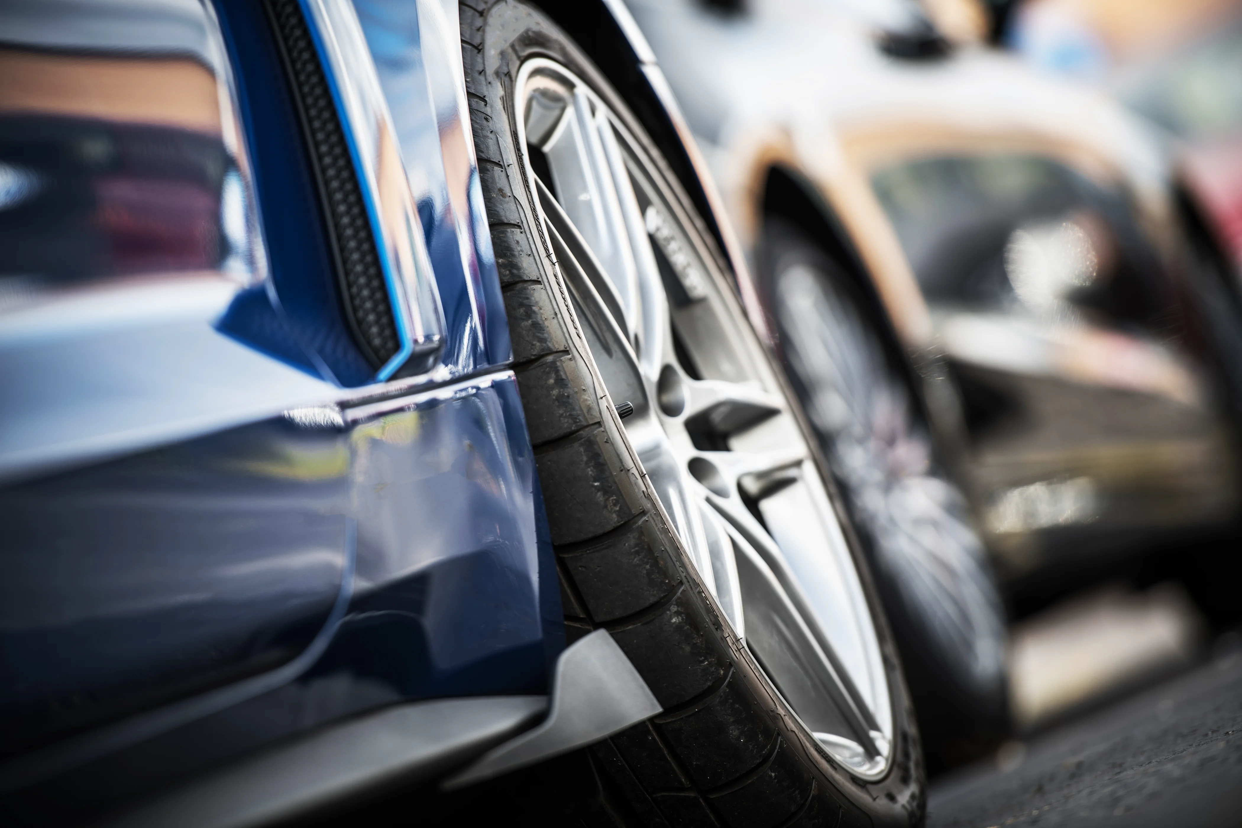 Close detail of a race car wheel and brake